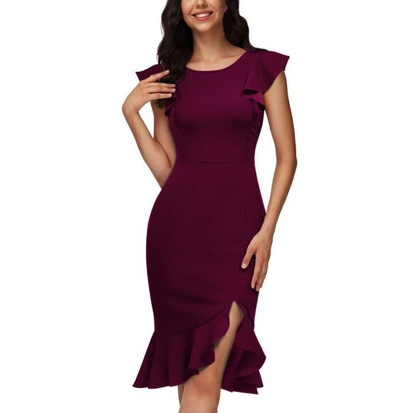 Dresses & Skirts - Knitee Women's Formal Vintage Ruffle Sleeve Mermaid Hem Slit Evening Dress Small